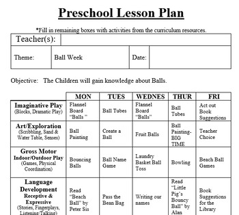 Preschool Lesson Plan and Detailed Activities- Ball Week | TpT