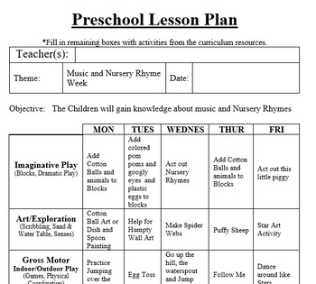 Preschool Lesson Plan and Detailed Activities- Music and Nursery Rhyme Week