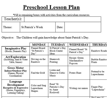Preschool Lesson Plan and Detailed Activities-St Patrick's Week | TpT