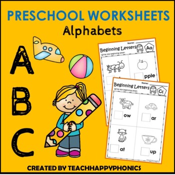 Preschool Literacy Beginning Letters Worksheets by teachhappyphonics
