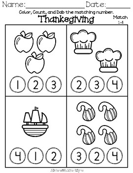 Preschool Math Counting 1-10 Worksheets - ThanksGiving by Lily Gonzalez