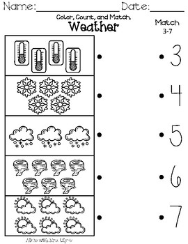 Preschool Math Counting 1-10 Worksheets - Weather by Lily Gonzalez