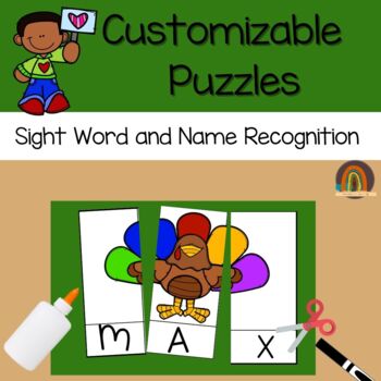 Preview of Preschool Name Recognition Puzzles - PRINTABLE - Turkey Thanksgiving - Word Work