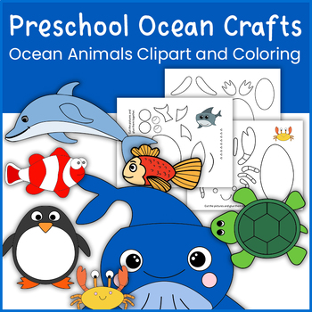 Preview of Preschool Ocean Crafts: Ocean Animals Clipart and Coloring (Cut & Glue)