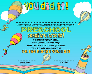 Preview of Preschool Oh The Places You Will Go Graduation Certificate, Digital Download,