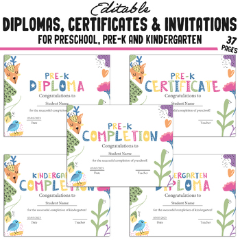Preview of Preschool, Pre K, Kindergarten Graduation Certificates, Diplomas & Invitations