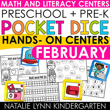 Preview of Preschool + Pre-K Pocket Dice Centers FEBRUARY Math and Literacy Centers
