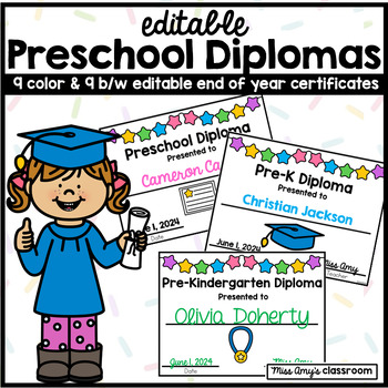 Preview of Preschool - Pre-K - Pre-Kindergarten EDITABLE Graduation Diplomas