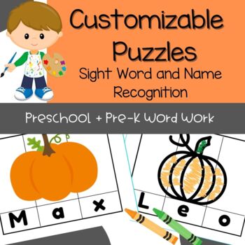 Preview of Preschool Pre-K Sight Words Name Recognition Printable Puzzles - Pumpkin Theme