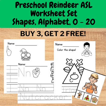 Preview of Preschool ASL Reindeer Worksheet Set - Alphabet, Shape, and 0 - 20 practice