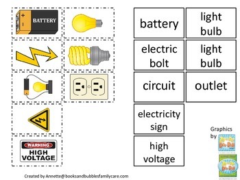 Preview of Preschool Science. Electricity Match the Word to the Picture child learning game