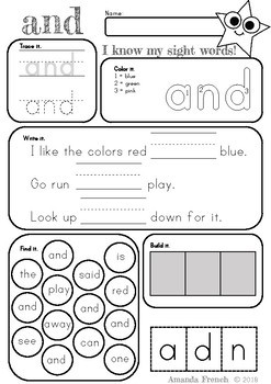 preschool sight word worksheets by amanda french tpt