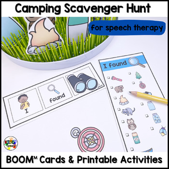 Preview of Preschool Speech Therapy Camping BOOM Cards Printable Activities Scavenger Hunt