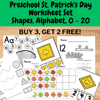 Preview of Preschool St. Patrick’s Day Worksheet Set - Alphabet, Shape, color, 0 - 20