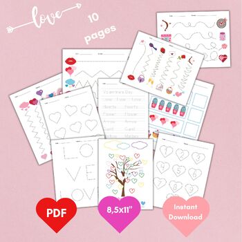 Preview of Preschool Tracing Worksheets, Valentine's Day Preschool Printable, Homeschool