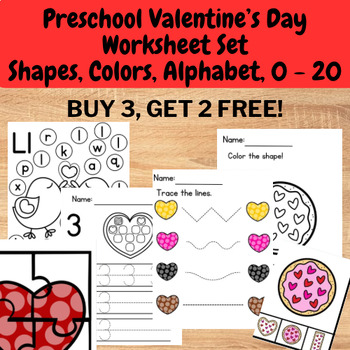 Preview of Preschool Valentine's Day Worksheet Set - Alphabet, Shape, color, 0 - 20