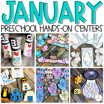 Preview of Preschool Winter Math and Literacy Centers | January Morning Bins