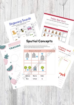 Preview of Preschool Worksheet Bundle{Spatial Concepts, Beginning Sounds, Sorting, Tracing}