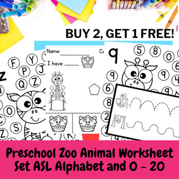 Preview of Preschool Zoo Animal Worksheet Mini Bundle - Alphabet, 0 - 20, cutting practice