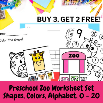 Preview of Preschool Zoo Worksheet Set - Alphabet, Shape, color, 0 - 20, scissor practice