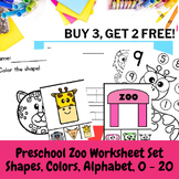 Preschool Zoo Worksheet Set - Alphabet, Shape, color, 0 - 