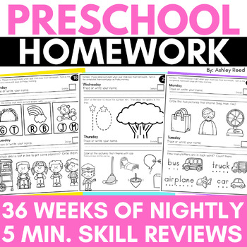 Preview of Preschool or Pre-K Weekly Homework Practice Pages Skills Review