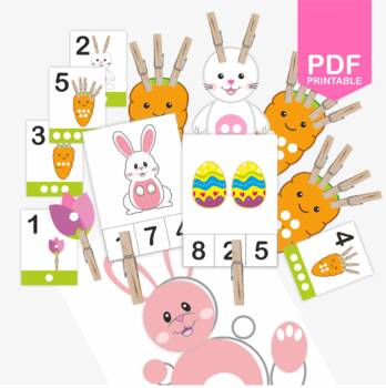 Preview of Preschool printable pack, Count and Clip Cards, Counting Game, Bunny, Clothespin
