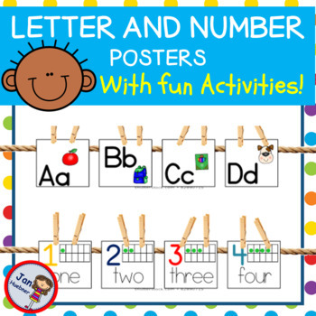 Preview of Preschool to Kindergarten Letters and Numbers POSTERS with Fun Activities