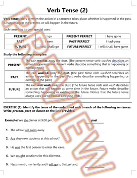 Preview of Present, Past, Future Verb Tenses Worksheet. Editable Word Doc. HS ELA (2/5)