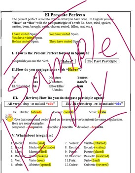 Preview of Present Perfect Verbs Lesson and Practice activities with Answer Key-  SPN 3 & 4