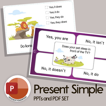 Preview of Present Simple Tense/PowerPoint Game/Printable Task Cards/Flashcards/Worksheets