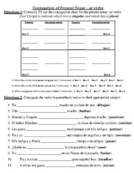 Preview of Present Tense Conjugation Practice for Spanish AR Verbs Worksheet