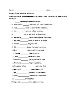 present tense negative sentences exercises by shapingminds tpt