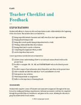 Preview of Present Tense Unit Plan Teacher Checklist and Feedback