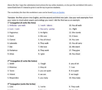 Preview of Present Tense Verb Worksheet (Latin I)