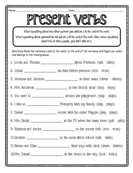 Present Tense Verbs Worksheet by Teaching Hagborg | TPT