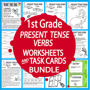 present tense verbs worksheets task cards bundle 1st grade ela verb activities