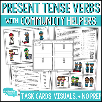 Preview of Present Tense Verbs + Community Helpers - Speech Therapy - No Prep - Task Cards