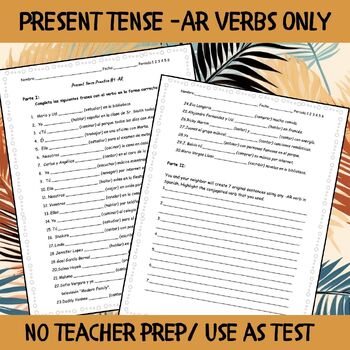 Preview of Present tense Practice #1 (ONLY -AR VERBS)