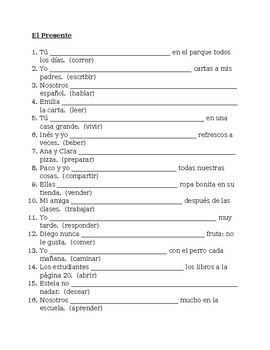 Spanish Present Tense Presente Worksheet by jer520 LLC | TPT