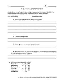 worksheet for students listening to presentations