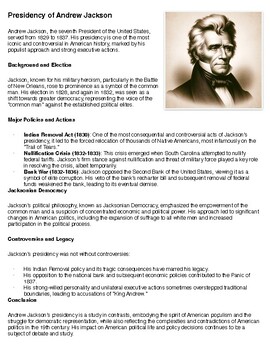 Preview of Presidency of Andrew Jackson Reading Summary and Questions