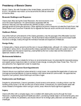 Preview of Presidency of Barack Obama Reading Summary and Questions