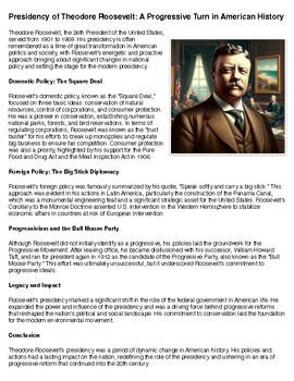 Preview of Presidency of Theodore Roosevelt Reading Summary and Questions