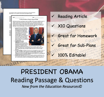 Preview of President Barack Obama - Reading  Passage & Questions