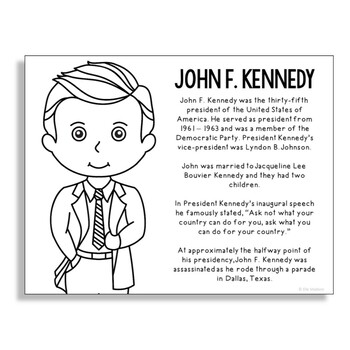 President John F. Kennedy Coloring Page for Crafts and Interactive