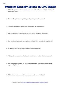 president kennedys civil rights speech worksheet by