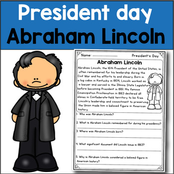 Preview of President day Abraham Lincoln reading comprehension passages and questions