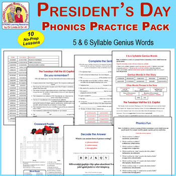 Preview of President's Day-10 Lesson Phonics Practice Pack-SpEd-Dyslexia-ESL ELL