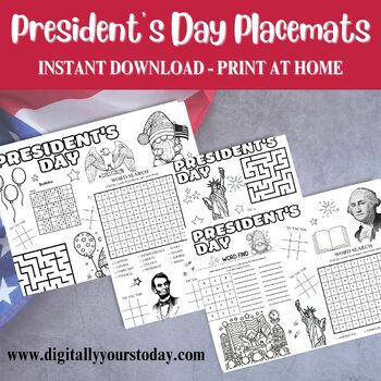 Preview of President's Day Activity Placemats for kids of all ages - 12 Different Designs
